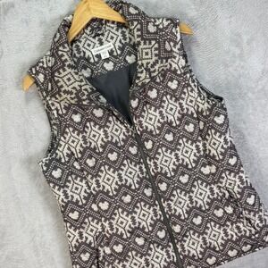 Coldwater‎ Creek Women's M 10-12 Brown Cream Fair Isle Zip Puffer Quilted Vest